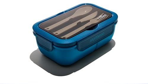Muitomas, Lunch Box 1100ml, Porta Pranzo con Posate e Tre Scomparti Interni, Portapranzo Ermetico per Alimenti, Lunch Box Microonde, Lavastoviglie e Congelatore, Colore Blu Ottanio