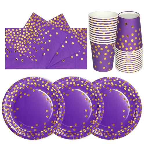 PYAILI Oro Viola Stoviglie Feste 72 Pezzi Festa della Addobbi Ragazza Compleanno Dambini Articoli Feste Set Include Piatto Usa e Getta Carta Party Tazze Tovaglioli-24 Ospiti