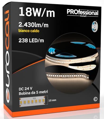 Eurocali Striscia LED 5 metri Professionale 24V 90W 18 W/mt - Striscia Monocolore da 1190 LED 238 LED/mt e 12150 Lumen 2430 Lm/mt 135 lm/W - Bianco Caldo 3000K