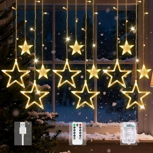 Aresaprk 3.5M Tenda Luminosa Natale, 126 LED Luci di Natale Stella, 8 Modalità Tenda Luci, IP44 Catena Luminosa Esterno Interno, Decorazioni Natalizie per Finestra, Porta, Patio, Giardino
