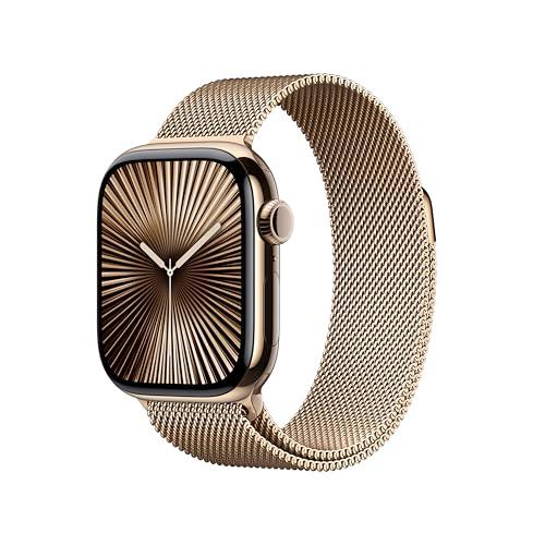 Apple Watch Series 10 (42 mm GPS + Cellular) Smart Watch con cassa in titanio oro e cinturino in oro Milanese. Monitoraggio dell'attività fisica, app ECG, display Retina sempre attivato, carbonio