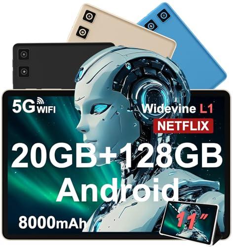 Tablet 11 Pollici Android 14 con Widevine L1, 8000 mAh+Ricarica Rapida 18 W, 5MP+13MP, 20 GB RAM+128 GB ROM (Espandibile Fino a 1 TB), 5G Wi-Fi, GPS, Octa-Core 2.0 GHz, 1280*800, Face ID, USB-C, Nero