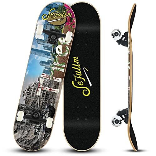Sefulim 31 x 8 Pollice Completo Skateboard 7 Strati Acero Canadese Doppio Kick Deck Concavo Cruiser Trick Skateboard per Ragazzi Ragazze Adolescenti Adulti Principiante