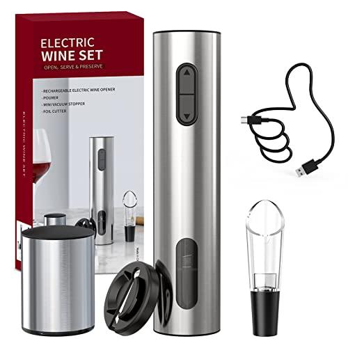 CIRCLE JOY 4-in-1 Apribottiglie Elettrico ricaricabile Set di Cavatappi per Vino in Acciaio Inossidabile con Tagliatore di Tappi, Aeratore e Tappo a Vuoto per gli amanti del Vino, Argento