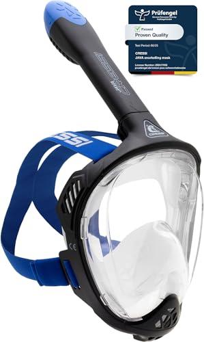 CRESSI Java Full Face Mask Black/Blue S/M - Maschera Snorkeling Integrale Unisex, Lente Ultra Chiara Anti Fog, 100% Silicone, Snorkel Dry con Valvole Sicurezza, Nero/Blu, S/M