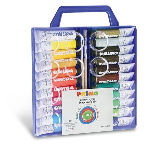 PRIMO - Valigetta Colori per Bambini +3 Anni con Tempere, 22 Tubi da 12 ml + 2 Pennelli per Dipingere, Tavolozza Colori a Tempera Fine Pittura per Tessuti, Carta, Vetro, Lavoretti Creativi per Bambini