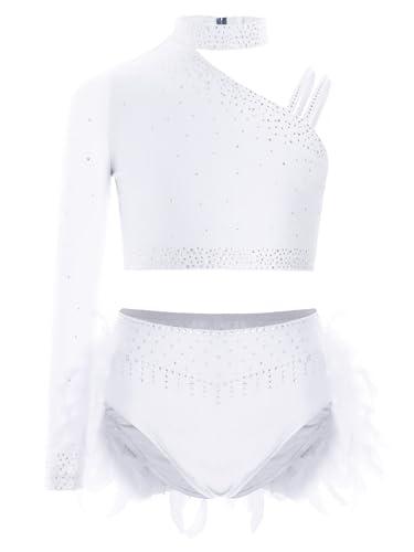 JEATHA 2 Pezzi Abito da Ballo Latino Americano per Bambina con Strass Crop Top e Gonna Asimmetrico con Piume Vestito da Danza Classica Lirica Moderna Samba Dancewear A Bianco 9-10 Anni