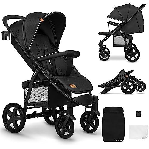 LIONELO Annet passeggino leggero pieghevole grigio regorabile con posizione sdraiata con ruote EVA cappottina XXL con zanzariera coprigambe portabibite fino 22 kg (Nero, PLUS)