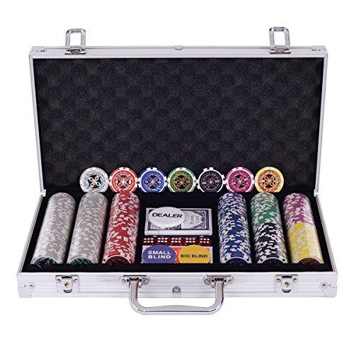 COSTWAY Poker Chips, Set da Poker con 300 Chips, Incluse 2 Carte da Poker 5 Dadi 1 Pulsante, Valigetta in Alluminio, Due Colori Disponibili (argento)
