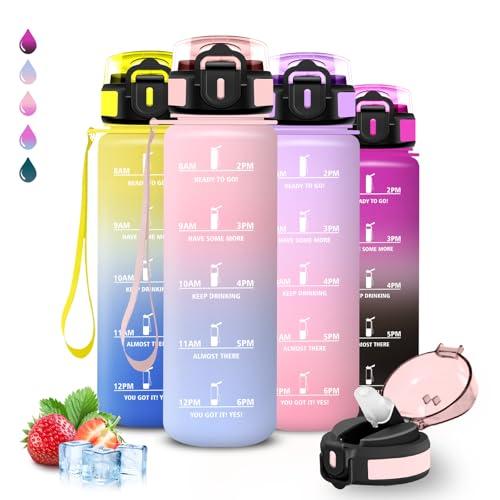 Borraccia 1 litro, Borraccia con Cannuccia, Senza Perdite, Water Bottle Motivazionale, Facile da Pulire, Bottiglia Trekking, Con Slogan Motivazionale, Water Bottle per Sport, Escursionismo, Ciclismo