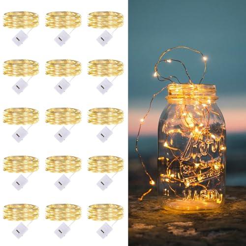 15 Pezzi Led Stringa Luci a Batteria, 2M 20 LED Rame filo Ghirlanda Catena Luminose Lucine Fata Luci per Natale Matrimonio Decorative Festa Interno Natalizie letto Camera,Matrimonio, DIY, Festa