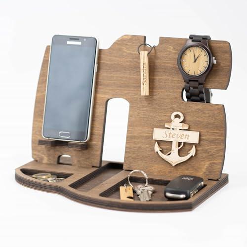 Regalo Tech Personalizzato per Lui, Docking Station per Cellulare Organizer per Scrivania e Comodino in Legno Fatto a mano, per Compleanno Anniversario Festa del Papà, per Amico Papà Marito Fidanzato