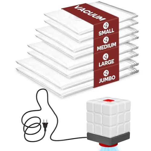 Vacbird Sacchetti Sottovuoto Vestiti con Pompa Elettrica, Confezione da 8 (2 jumbo, 2 grandi, 2 medi, 2 piccoli), Riutilizzabile Sacchi Sottovuoto Piumoni per Biancheria da letto, Viaggi, Traslochi