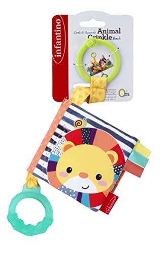 Infantino Multicoloured Fabric Crinkle Book - Scrunching Page Sounds, Round Teether, Squeaker, Animal Themed - Ages 6 Months +
