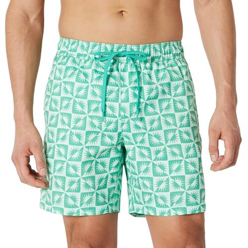 Amazon Essentials Pantaloncini da Bagno con Fodera Interna in Rete, Tasche, Chiusura con Coulisse Uomo, Blu Chiaro Menta Verde Motivo Geometrico Solare, L