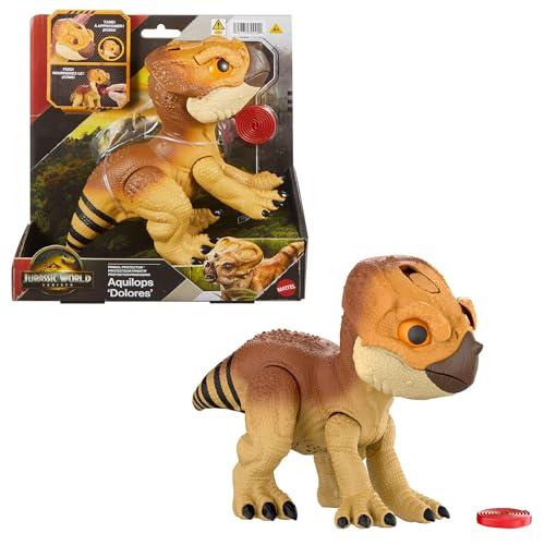 Mattel Jurassic World La Rinascita Primal Protector Aquilops Dolores dinosauro giocattolo interattivo con suoni e azione d'attacco, action figure elettronica in stile cucciolo con accessori, JGC01