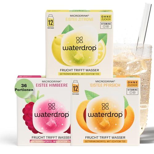 waterdrop® Tè Freddo Zero, Te LIMONE - PESCA - LAMPONE, 36 cubetti per acqua Microdrink, The Freddo senza zucchero Con Vitamina C & B3, Bevanda Analcolica, 36 Bustine - 18 Litri, Ice Tea