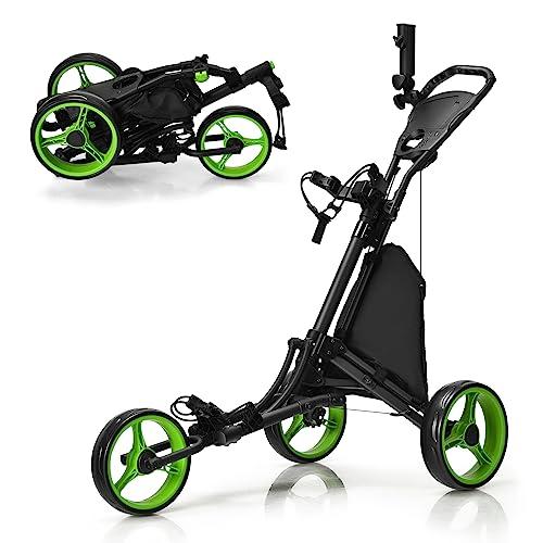 COSTWAY Carrello da Golf Pieghevole con 3 Ruote, Struttura in Alluminio, Cinghia Elastica, Portaombrello Regolabile e Porta Bicchiere, Segnapunti e Freno a Pedale (Verde)
