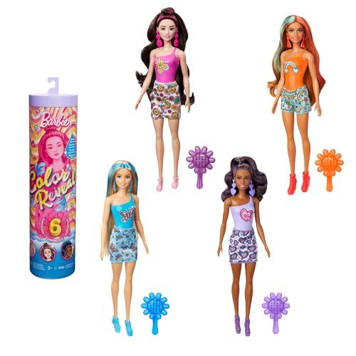 Barbie Color Reveal - Bambole trendy con corpetto cambia colore e 6 accessori a sorpresa da scoprire, serie Arcobaleno Multicolor ispirata agli anni '60, giocattolo per bambini, 3+ anni, HRK06
