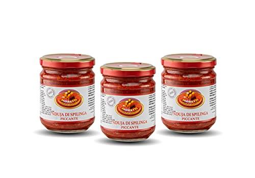 Moretti® Nduja Calabrese Di Spilinga Piccante Artigianale e Originale NO OGM Salame Spalmabile e Cremosa in Vasetto da 180gr (3 vasetti)