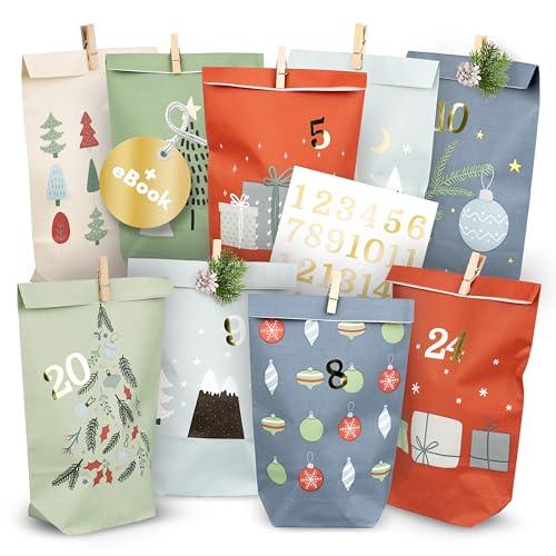 AMARI® Calendario dell'Avvento da riempire Pastell Mix - 24 Sacchetti di carta (con chiodi di legno) da realizzare per Natale - Sacchetti di carta con adesivi numerici
