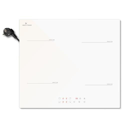 DELITEER Piano Cottura a Induzione Bianco 4 Fuochi con Spina, Piastra a Induzione da Incasso 60CM, 3500W, Funzionamento Touch, Blocco di Sicurezza, Protezione da Surriscaldamento, 220V