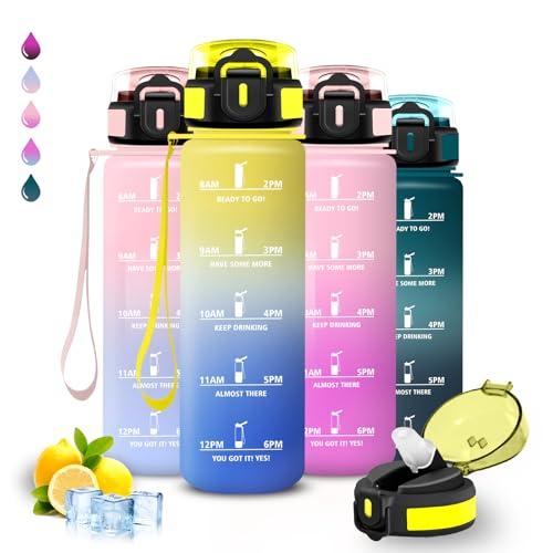 Borraccia 1 litro, Borraccia con Cannuccia, Senza Perdite, Water Bottle Palestra, Facile da Pulire, Bottiglia Motivazionale, Borracce con Chiusura di Sicurezza, per Fitness, Campeggio, Ciclismo, Yoga