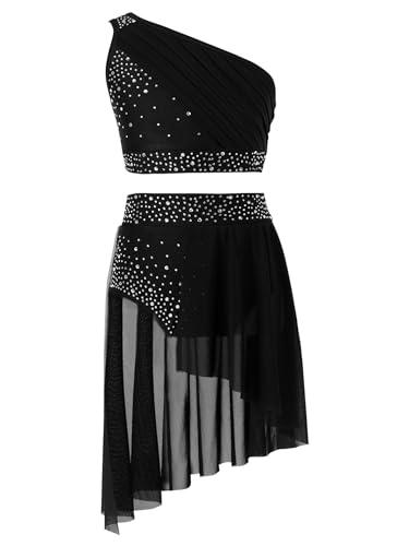 HULIJA Bambina Vestito da Ballo Latino Americano con Strass Senza Manica Crop Top Abito da Pattinaggio Leotards da Ginnastica Nero 15-16 Anni