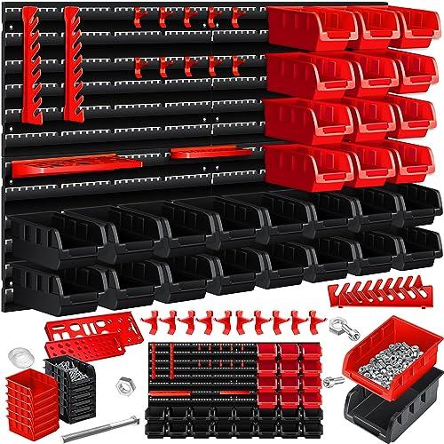MASKO® Scaffale da parete + Scatole impilabili + Portautensili, Espandibile, Scaffale da officina, Scaffale portaoggetti, Scatole portaoggetti visibili, 45 Parti - Nero/Rosso