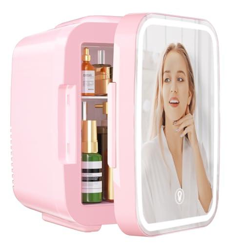 YASHE Mini Frigo per Camera, Frigo Skincare con Specchio LED, Piccolo Frigo da 4 L portatile, Termoelettrico, Riscaldatore e Raffreddatore 220 V AC / 12 V DC per Auto, Ufficio, Dormitorio (Rosa)