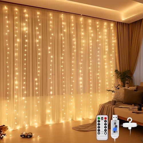 DazSpirit 3Mx3M 300 Tenda luminosa a LED, catena di luci USB decorative con 8 modalità di luce Telecomando e timer, impermeabile per la festa di nozze Camera da letto di Natale (Bianco Caldo)