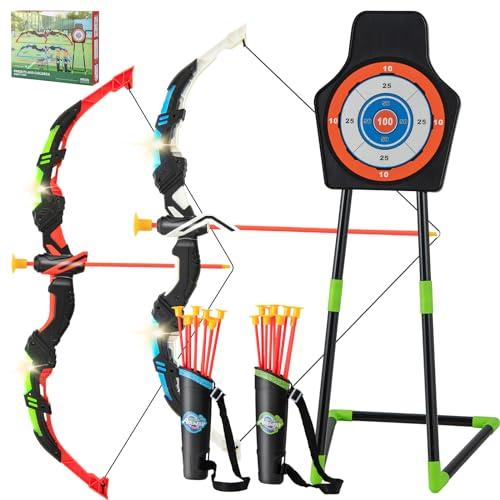 HOMASIS Set di Arco e Frecce per Bambini, Giochi all'Aperto per Bambini con 2 Archi/ 20 Frecce/ 2 Faretre/Bersaglio, Tiro al Bersaglio Bambini con Luci LED Lampeggianti, Regalo per Bambini dai 3 Anni