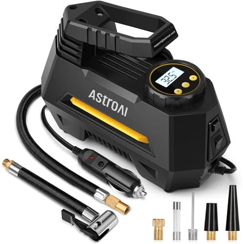 AstroAI Compressore Aria Portatile Auto 12 Volt CC, Mini Pompa Elettrica per Bicicletta e Moto, Compressore Portatile Digitale con Manometro e Luce LED, Cavo da 3M, Adattatori e Fusibile