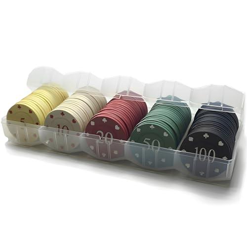 MICREEN 100 Pezzi Fiches da Poker Colorate con Scatola Portaoggetti, 5 Contatori con Numeri, Fiches per Giochi di Carte, Adatte ai Giochi per Bambini per Imparare il Conteggio Matematico