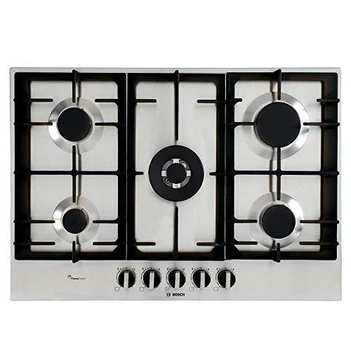 Bosch - Piano Cottura 5 Fuochi A Gas Serie 6, PCQ7A5B90 In Acciaio Inox 75 cm. Elegante Piano Cottura a Gas Grigio da Incasso con Griglia In Ghisa E 9 Livelli di Potenza, Fornello Cucina A Gas