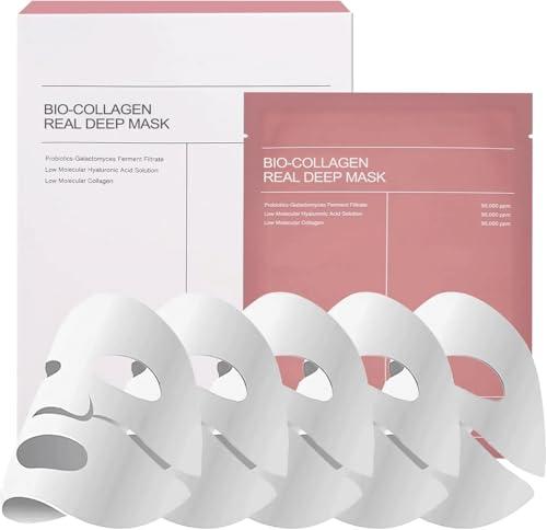 Pipihome 5 Pezzi Bio Mask Collagen, Maschera Viso Coreana Overnight, Real Deep Maschera Bio Collagene Viso, Maschera Idratante, Mirato Alla Pelle Secca, Opaca e Non Compatta