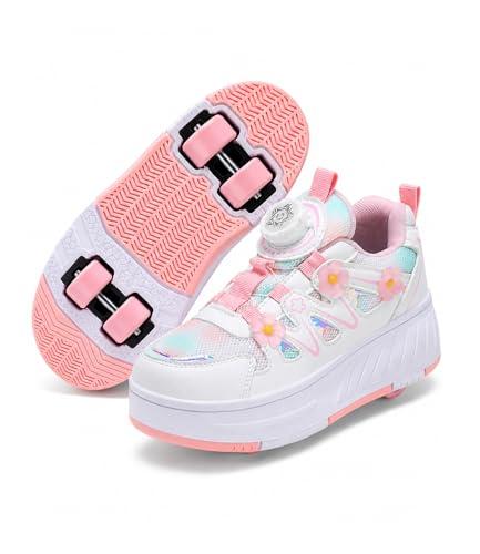 FANSU Scarpe con Rotelle Bambina 4 Ruote Rimovibili, Rosa Scarpe da Ginnastica 2 in 1 con Chiusura a Rotella, Sneakers in Rete Traspirante per Ragazze 3-16 Anni