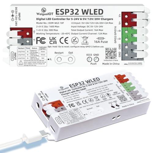 WeiguoIOT ESP32 WLED Controller Digitale LED Carica USB-C, 5-24 V, fusibile 16 A, Illuminazione Dinamica DIY per Strisce Indirizzabili WS2811 WS2812 SK6812 TM1814 WS2813 WS2815 (10P)
