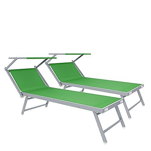 Coppia Di Lettini Prendisole 720 gr/m² Pieghevole Professionale In Alluminio Tettuccio Orientabile Parasole Sdraio Lettino Prendi Sole Mare Spiaggia Piscina Giardino 182 x 60 x 38 cm (Verde)