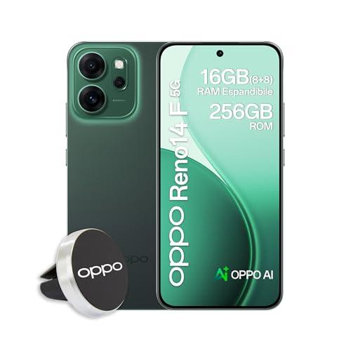 OPPO Reno14 F 5G AI Smartphone, Tripla fotocamera 50+8+2MP, Selfie 32MP, Display 6.57” 120HZ AMOLED FHD+, 6000mAh, RAM 8GB(Esp4GB/6GB/8GB)+ROM 256GB, Supporto Auto [Versione Italia], Luminous Green