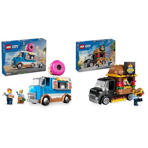 LEGO City Giocattolo Camion Donut + Giocattoli da Costruzione di Van per Hamburger Stand Alimentare Mobile e Giocattoli Camion di Cibo per Bambini di 5 Anni e Oltre 60452 + 60404