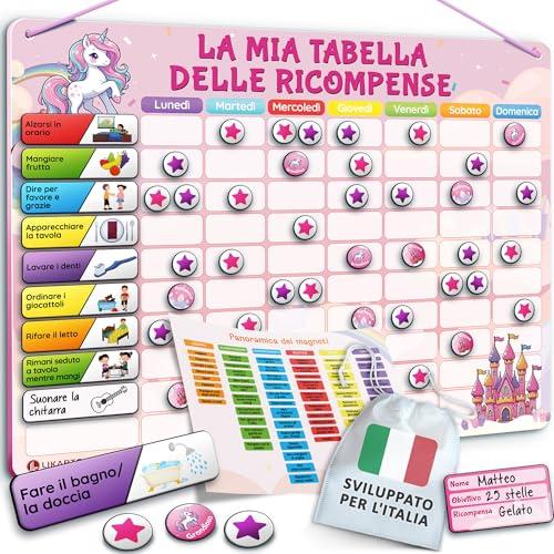 LIKARTO Tabella delle Ricompense per Bambini - Tabella magnetica con numerose attività e 280 magneti - Stimola i bambini a comportarsi bene - Calendario bambini montessori - Rosa