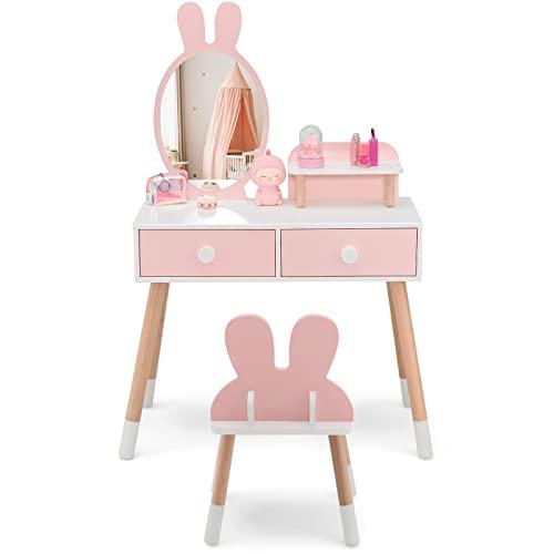 COSTWAY Toeletta Trucco 2 in 1 per Bambina, Specchiera a Forma di Coniglio Staccabile per Ragazza in Legno con Sgabello, Ripiano e 2 Cassetti, Postazione Trucco, 78 x 37 x 110cm (Rosa)