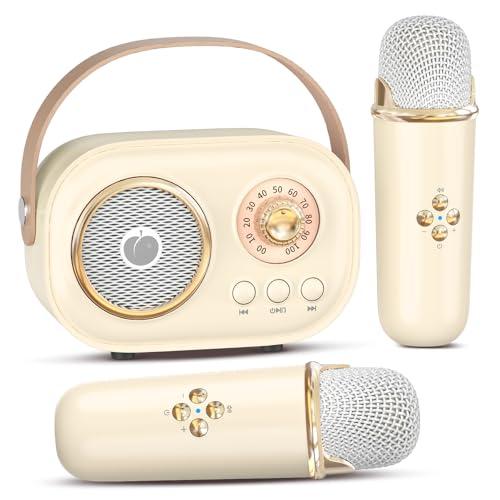heetipuk Mini Karaoke Macchina per Bambini Adulti, Bluetooth Portatile con 2 Microfoni Senza Fili, Presenti Giocattoli per Ragazze 4, 5, 6, 7, 8+ Anni Compleanno Famiglia Festa Casa-Beige