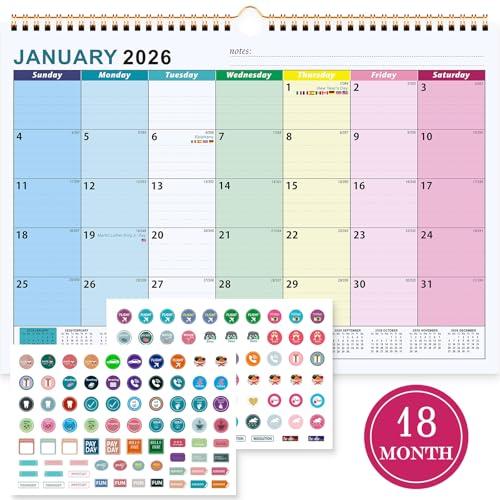 Benjia Calendario da muro tavolo 18 Mesi, A4 calendari Gennaio 2026 a Giugno 2027, calendario famiglia ufficio, planner mensile Calendari per Parete, planning mensile con adesivi del piano (Colorato)