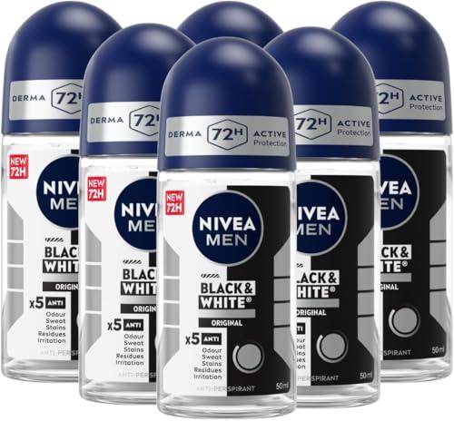 NIVEA MEN Black & White Invisible Original Roll-on 6 x 50 ml, Deodorante uomo 72h, Deodorante roll on antitraspirante contro odori, sudore, residui, irritazioni e macchie su tessuti chiari e scuri