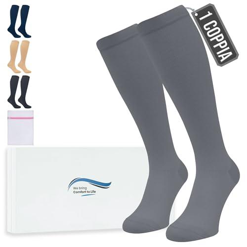 360 Relief Calze Compressione Graduata Donna e Uomo - 1 Coppia Solido Colore Gambaletti Compressione Graduata per Sports, Running, Viaggio, Ciclismo, Lavoro - S/M Grigio con Borsa Lavanderia
