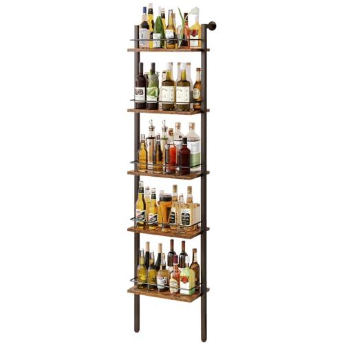YMYNY 5-Tier scaffali di vino indipendenti, scaffale di esposizione bottiglie di liquore con recinzioni, scaffale galleggiante montato a parete per la cucina, 43 x 20 x 177CM Vintage Marrone HWR001H