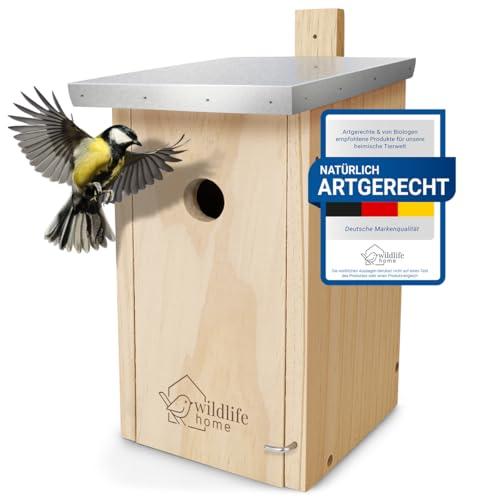 wildlife home Casetta per nidificazione con tetto in metallo per cincicipe di cavolo e Co. in legno massiccio avvitato, resistente alle intemperie e non trattata, per uccelli da appendere