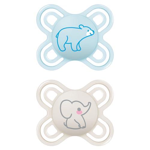MAM Perfect Start Confezione Doppia Succhietto 0-2 Mesi (Set da 2), Ciuccio MAM 0-2 mesi in silicone per sano sviluppo orale, Kit 2 accessori neonato con porta ciuccio sterilizzatore, Azzurro/Neutro